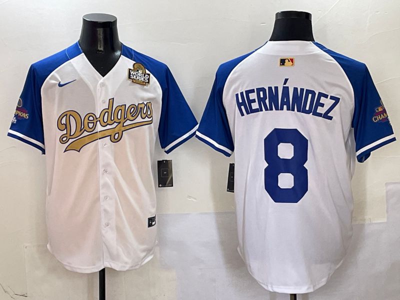 Men Los Angeles Dodgers #8 Hernandez White Blue Champion gold character Nike 2025 MLB Jersey style 5045->los angeles dodgers->MLB Jersey